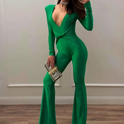 Load image into Gallery viewer, Sexy Deep V Long Sleeved Elastic Tight Bell Bottom Jumpsuit Women Temperament Slim Party Jumpsuit Fashion Casual Rompers
