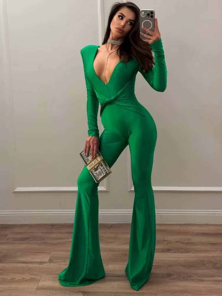Sexy Deep V Long Sleeved Elastic Tight Bell Bottom Jumpsuit Women Temperament Slim Party Jumpsuit Fashion Casual Rompers