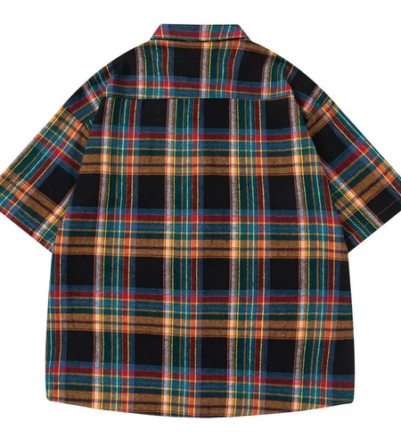 Vintage Summer Shirts Y2K Streetwear Rainbow Plaid Button Up Short Sleeve Blouse Hip Hop Harajuku Casual Baggy Cotton Shirt Tops