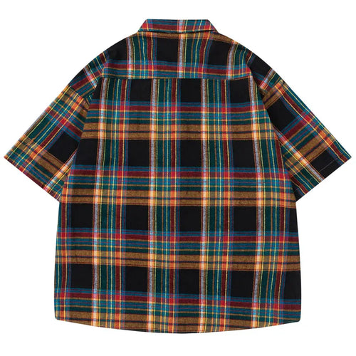 Vintage Summer Shirts Y2K Streetwear Rainbow Plaid Button Up Short Sleeve Blouse Hip Hop Harajuku Casual Baggy Cotton Shirt Tops