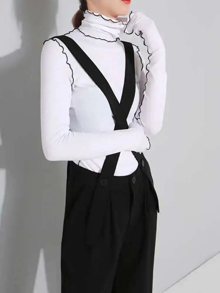 Women Black Topstitched Color-block High Elastic T-shirt New Turtleneck Long Sleeve Fashion Spring Autumn 2025 1DF4802