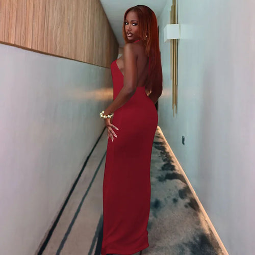 Load image into Gallery viewer, Halter Hollow Out Sexy Maxi Dress For Women Gown Fashion Off-shoulder Sleeveless Backless Bodycon Beach Club Dress
