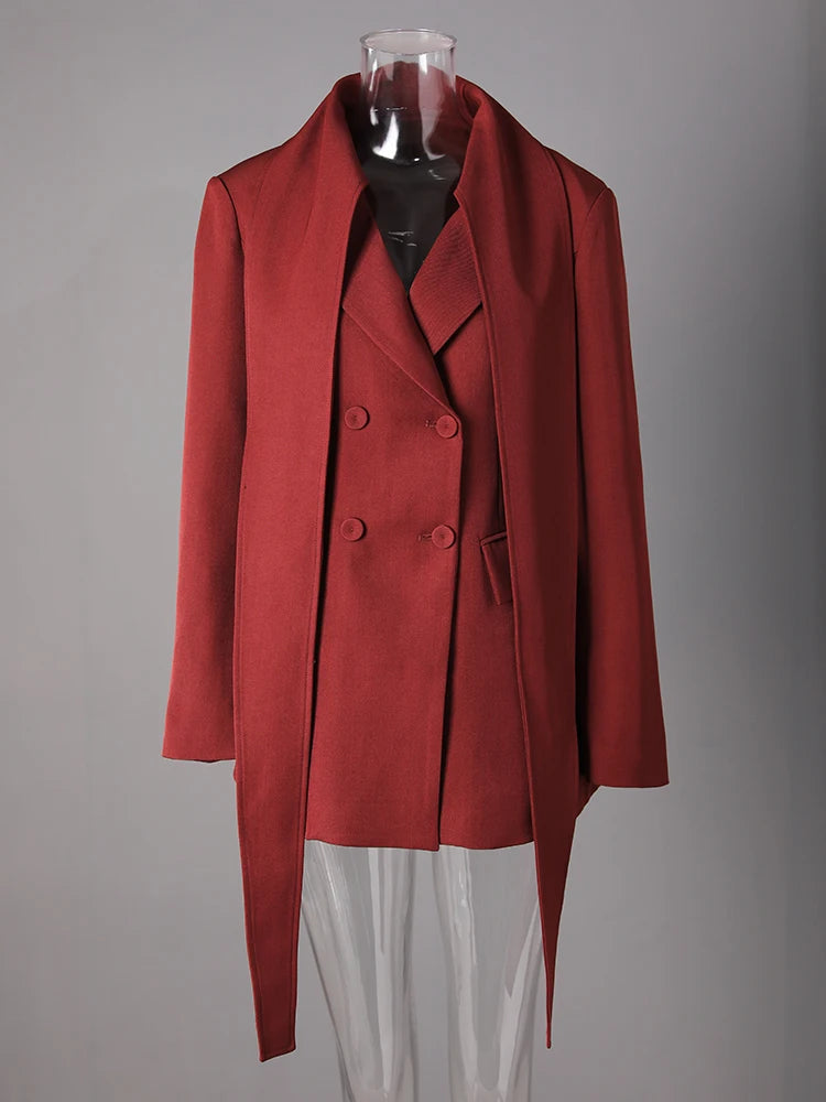 Women Red Double Breasted Ribbon Elegant Blazer New Lapel Long Sleeve Jacket Fashion Tide Spring Autumn 2025 CPDB326