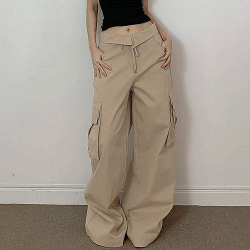 Load image into Gallery viewer, Harajuku Basic Solid Cargo Style Wide Leg Trousers Women Streetwear Tech Pockets Bagg Pants Turn-Down Waist Outfits
