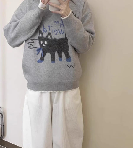 Grunge Kawaii Cute Letter Cat Jacquard Sweaters Women Y2k Aesthetic Casual Loose Bow Jumpers Winter Preppy Style Gray Pullovers