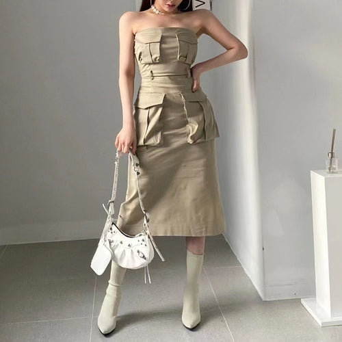 Load image into Gallery viewer, Patchwork Pockets Dresses For Women Strapless Sleeveless High Waist Solid Casual A Line Dress Female Fashion
