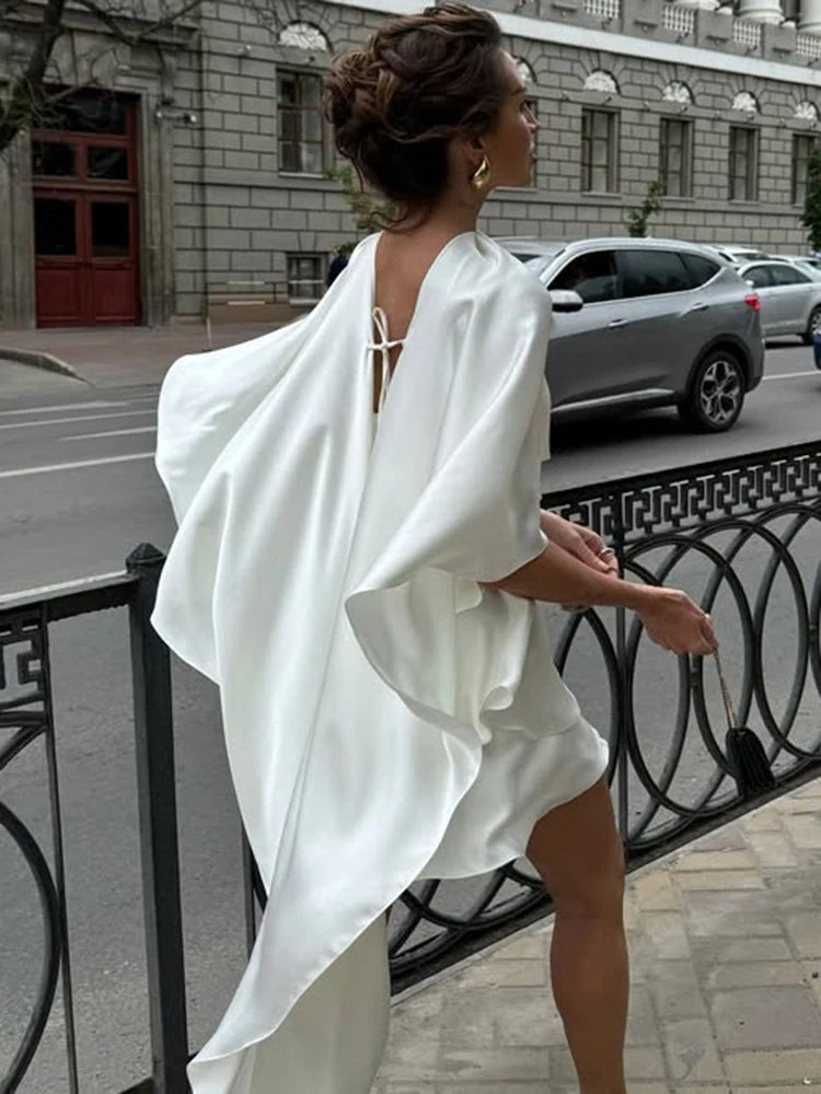 Irregular Shawl Satin Mini Dress Women White Ruffled Sleeveless Backless Lace Up A-Line Dresses Lady Evening Party Robes