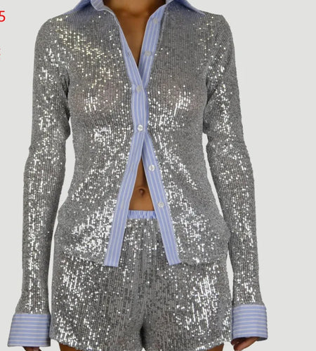 Fashion Long Sleeved Shirt Sequined Shorts Women's Set Patchwork Perspective Sexy Slim Fit Street Female Two-piece Set