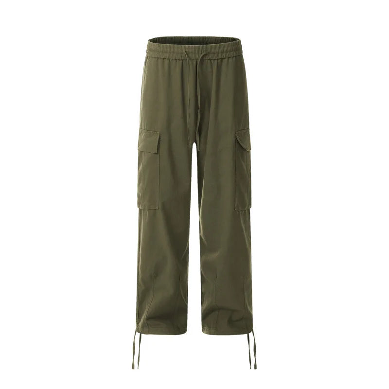 Solid Color Multi Pocket Men's Pants Casual Straight Drawstring Trendy Elastic Waist Wide Leg Simple Male Trousers 9W101