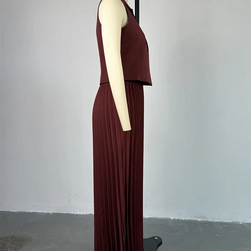 Load image into Gallery viewer, Fashion Skirt Two Piece Sets Women Notched Collar Sleeveless Crop Tops And Midi Skirt Femme Elegant Pleated Skirt Sets
