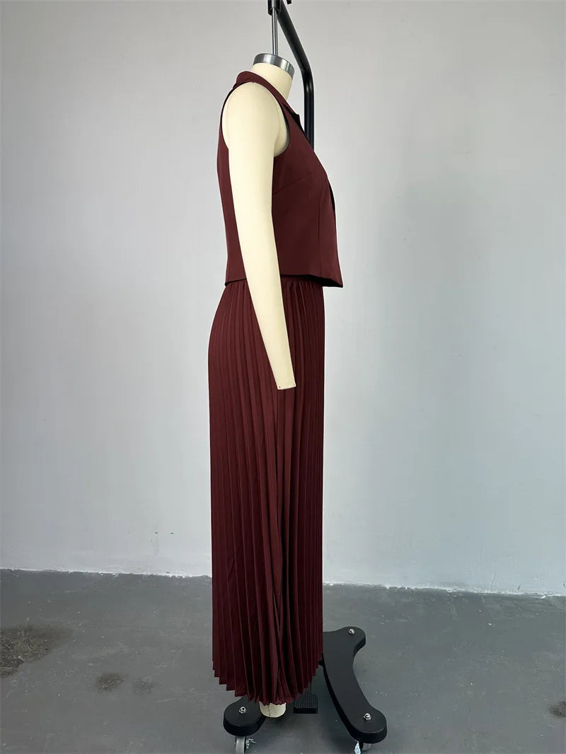 Fashion Skirt Two Piece Sets Women Notched Collar Sleeveless Crop Tops And Midi Skirt Femme Elegant Pleated Skirt Sets