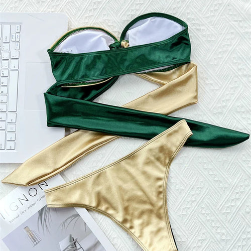 Load image into Gallery viewer, Green Gold Bikini 2023 Sexy Strapless Bandeau Swimwear Women Brazilian Swimsuit Thong Biquini Bandage Bathing Suit
