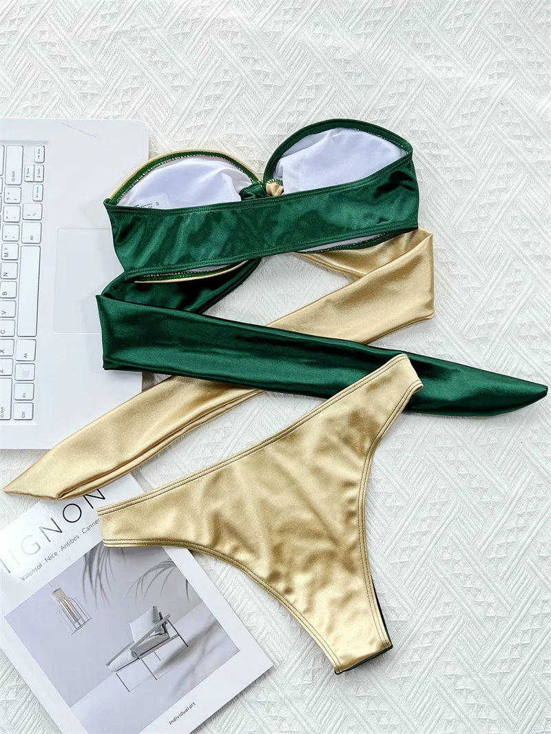 Green Gold Bikini 2023 Sexy Strapless Bandeau Swimwear Women Brazilian Swimsuit Thong Biquini Bandage Bathing Suit