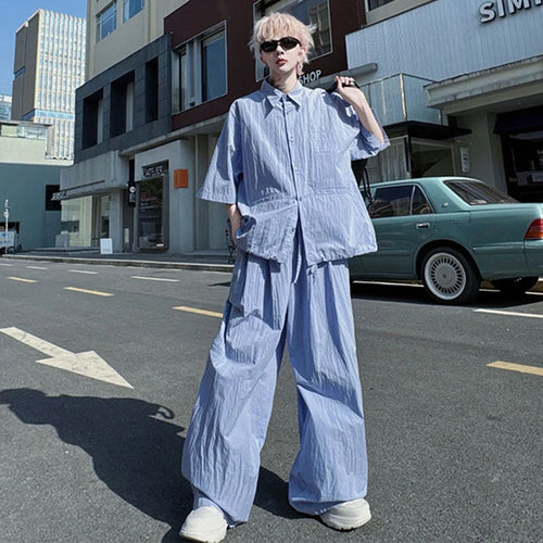 Load image into Gallery viewer, Men's Set New Summer Solid Color Wrinkled Short Sleeve Single Breasted Shirt Male Casual Elastic Waist Pants 9W1491
