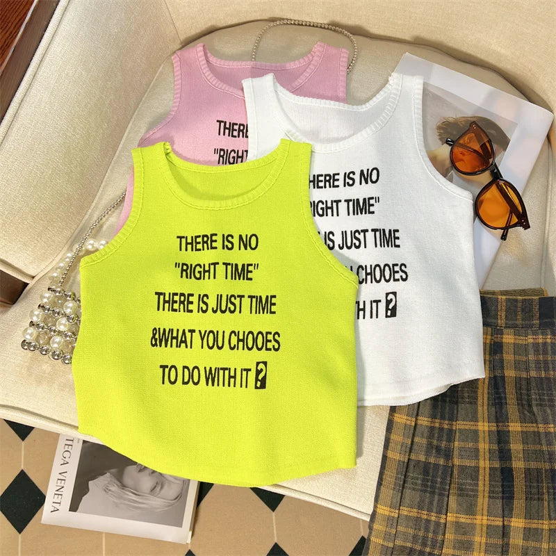 Summer Y2k White Letter Sleeveless Sexy Short Tank Top For Women Pink Yellow Vest Streetwear Clothing Casual Holiday Popular New
