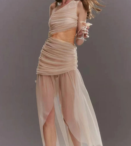 Solid Sheer Spliced Folds Irregular Dresses for Women Diagonal Collar Sleeveless Fashion Dress Female Clothing New