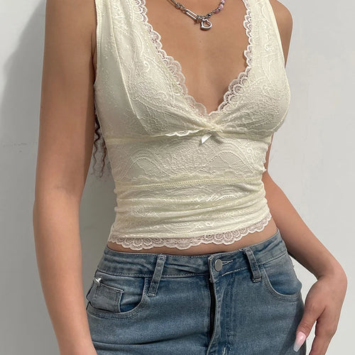 Load image into Gallery viewer, Y2K Sweet Cute V Neck Bodycon Sexy Tank Top Fashion 2000s Aesthetic Summer Cropped Vest Slim Bow Lace Top Women Cloth
