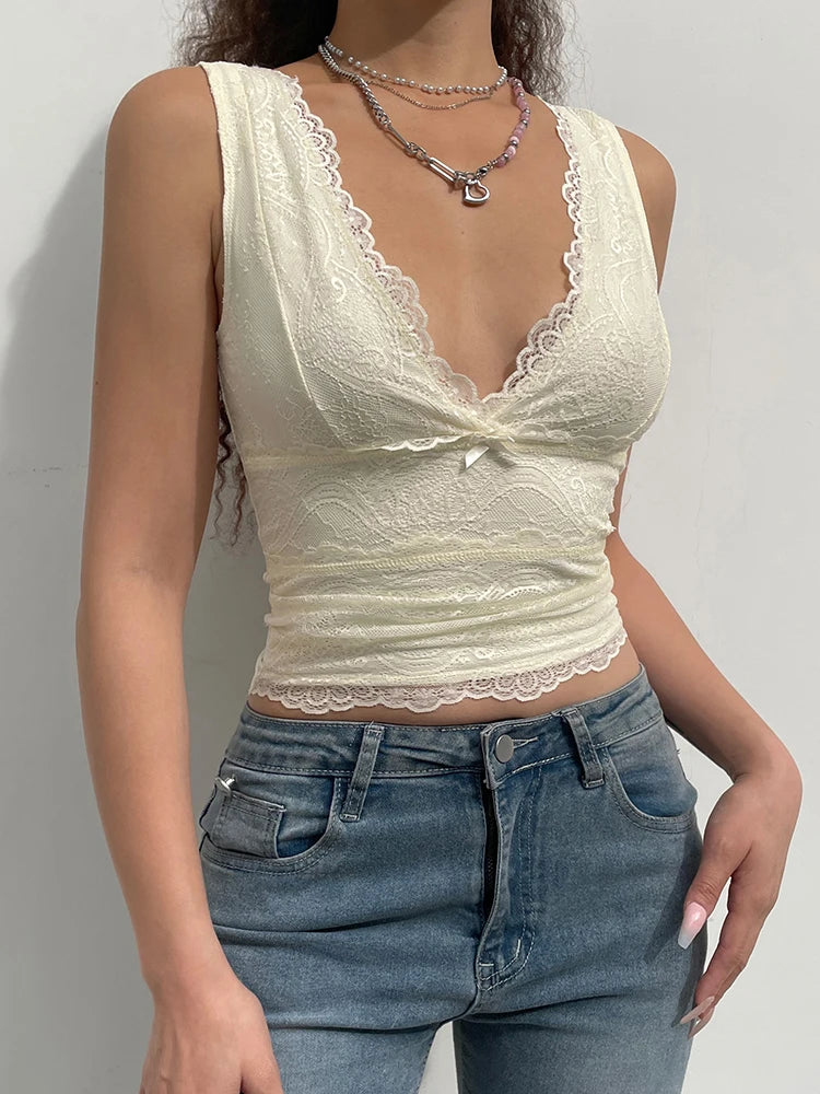 Y2K Sweet Cute V Neck Bodycon Sexy Tank Top Fashion 2000s Aesthetic Summer Cropped Vest Slim Bow Lace Top Women Cloth