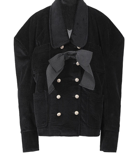 Loose Fit Black Corduroy Bow Big Size Jacket New Lapel Long Sleeve Women Coat Fashion Tide Spring Autumn 2025 1DF2133