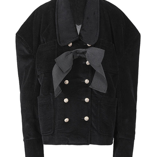 Load image into Gallery viewer, Loose Fit Black Corduroy Bow Big Size Jacket New Lapel Long Sleeve Women Coat Fashion Tide Spring Autumn 2025 1DF2133
