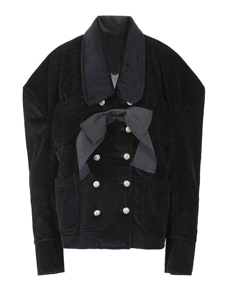 Loose Fit Black Corduroy Bow Big Size Jacket New Lapel Long Sleeve Women Coat Fashion Tide Spring Autumn 2025 1DF2133