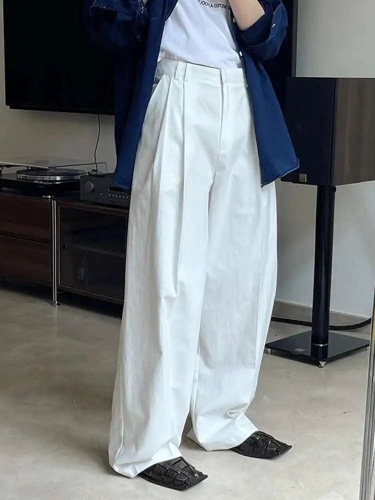 High Waist White Brief Pocket Pleated Long Wide Leg Pants New Trousers Women Fashion Tide Spring Autumn 2025 1DH4972