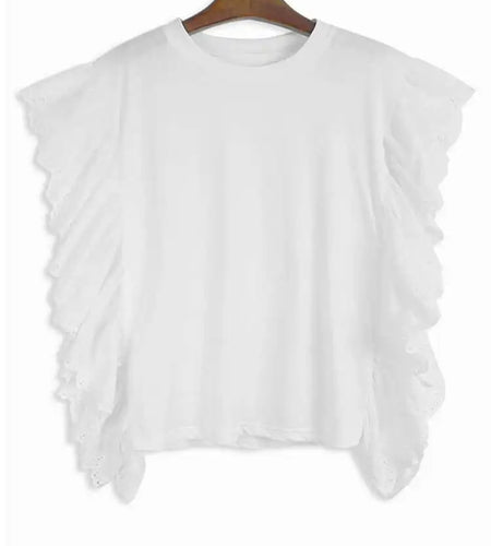 Women Black Ruffles Spliced Big Size Casual T-shirt New Round Neck Short Sleeve Fashion Tide Spring Summer 2025 1DH5010