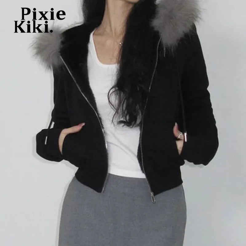 Womens Fleece Jacket with Fur Hood Double-ended Zipper Cropped Cardigan Y2k Fall Winter New in Outwears P84-DI40