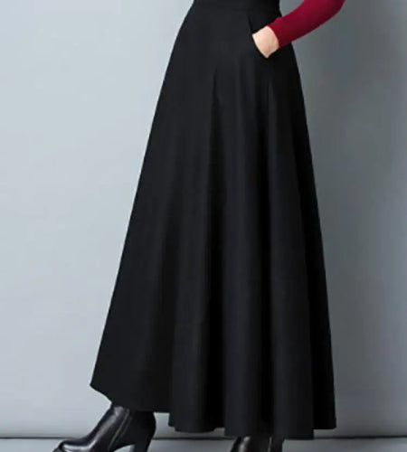 Autumn Winter Black Gray Large Size Woolen Long Skirt Women Fashion Korean Ladies Red High Waist Festival Pleated A-line Skirts