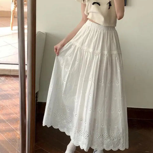 Load image into Gallery viewer, Vintage White Elegant Hollow Out Pleated Long Skirts For Women A-line Elastic High Waist Skirt Spring Summer Ladies Romantic New

