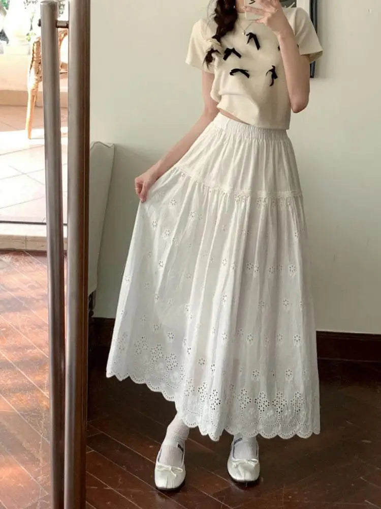 Vintage White Elegant Hollow Out Pleated Long Skirts For Women A-line Elastic High Waist Skirt Spring Summer Ladies Romantic New