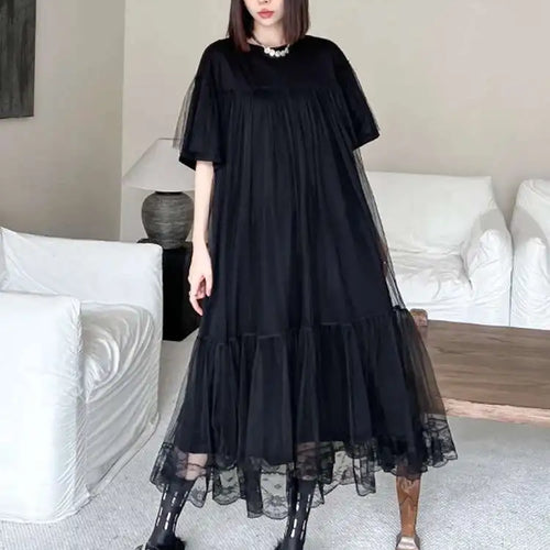 Load image into Gallery viewer, Women Black Mesh Spliced  Elegant Big Size Midi Dress New Round Neck Short Sleeve Fashion Tide Spring Summer 2025 1DH5056
