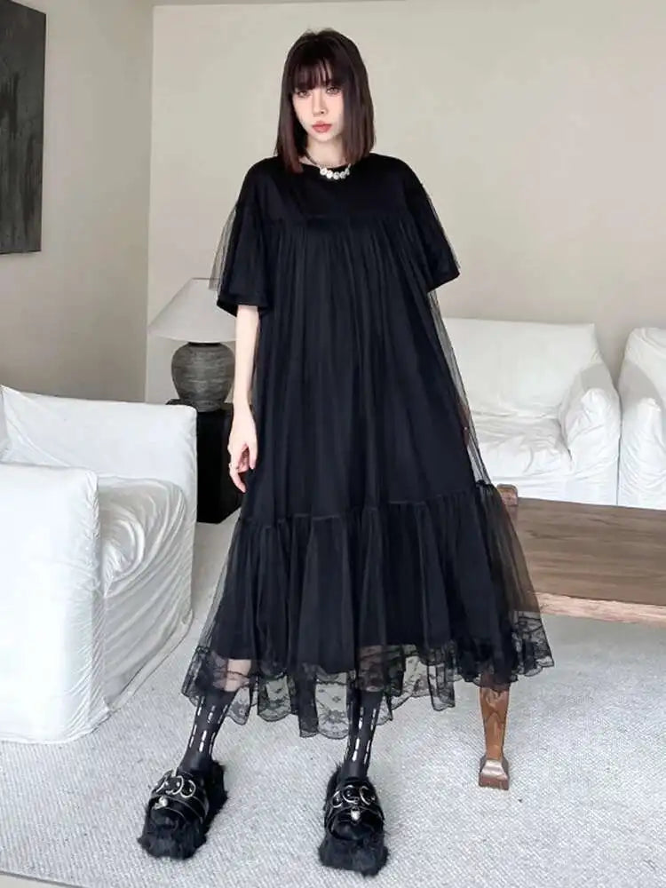 Women Black Mesh Spliced  Elegant Big Size Midi Dress New Round Neck Short Sleeve Fashion Tide Spring Summer 2025 1DH5056