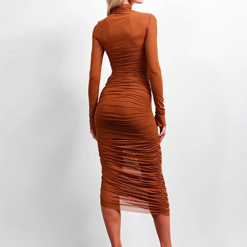 Load image into Gallery viewer, Elegant Mesh Patchwork Elastic Dress Women 2025 New Winter Solid Color High Neck Long Sleeve Sexy Perspective Vestido
