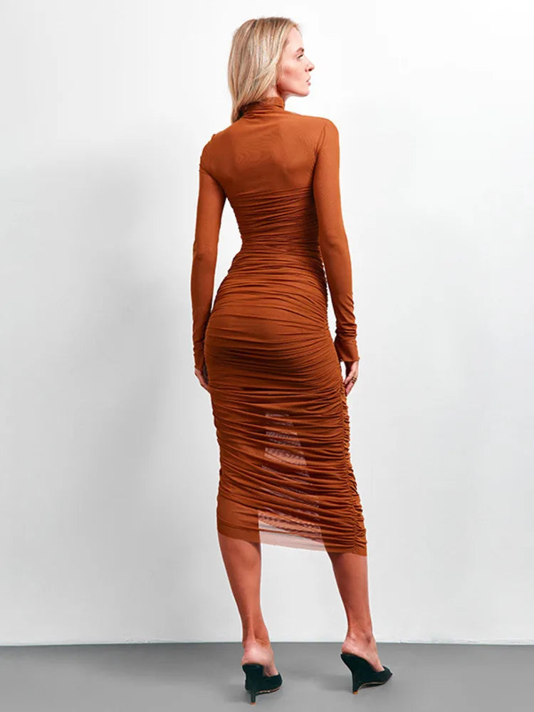 Elegant Mesh Patchwork Elastic Dress Women 2025 New Winter Solid Color High Neck Long Sleeve Sexy Perspective Vestido