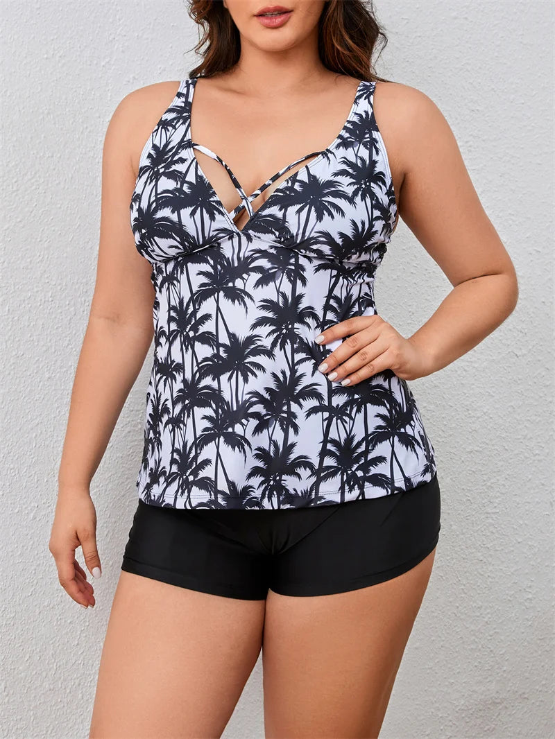 L-3XL Women Big Size Bikini Swimwear Tankini Leaf Print Bikini Set Bohemian Vacation Swimsuit Bathing Suit