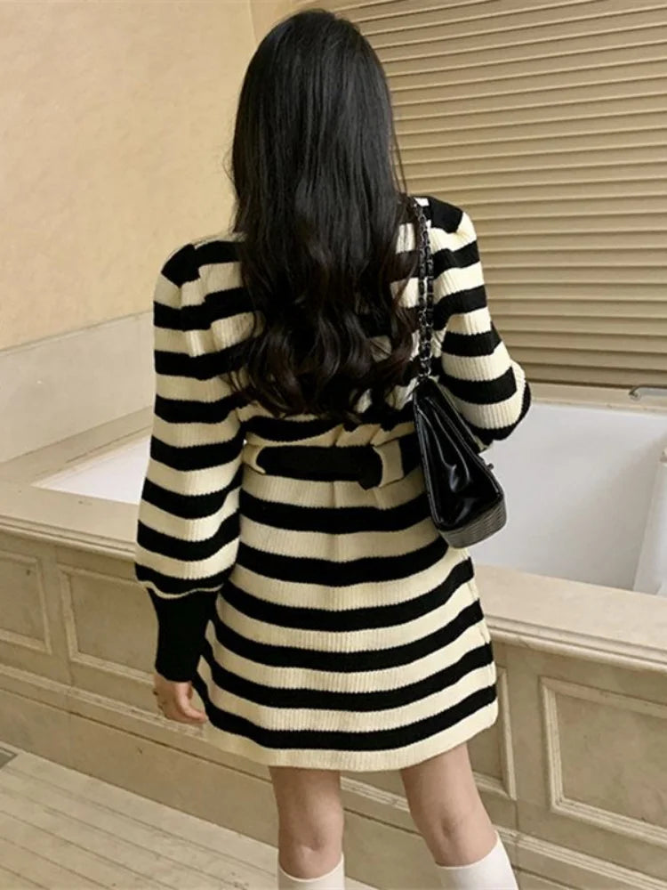 Knitted Knit Striped Sweater Dress Women Belt Korean Fashion Kpop Long Sleeve Mini Short Dresses Autumn Winter