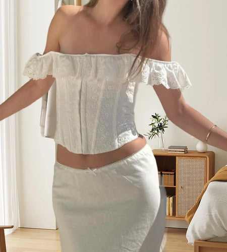 Ruffles Corset Tops Women Trendy Solid Color Lace Eyelets Off Shoulder Tie up T Shirts Vest Going out Club Streetwear