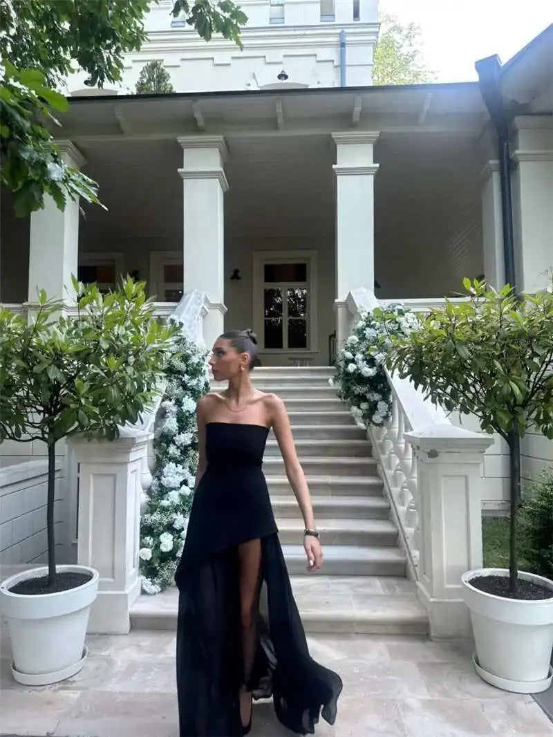 Elegant Strapless Sexy Maxi Dress For Women Gown With Scarf Off-shoulder Sleeveless Backless Split Beach Long Dress