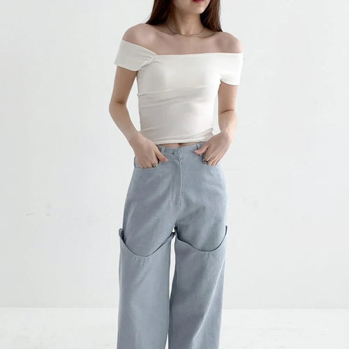 Load image into Gallery viewer, White Crop Top Women Sexy Clothes Solid Color Oblique Shoulder Short Sleeve T Shirt y2k Aesthetic Clothing Streetwear
