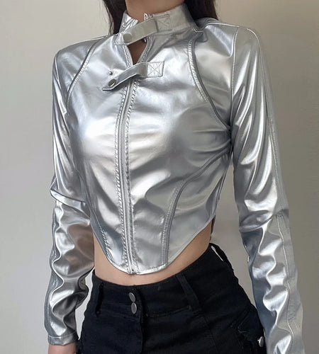 Reflective Stripe Spliced PU Leather Jacket Autumn Zip Up Coat Cropped Streetwear Moto Style Stitched Outwear Jackets