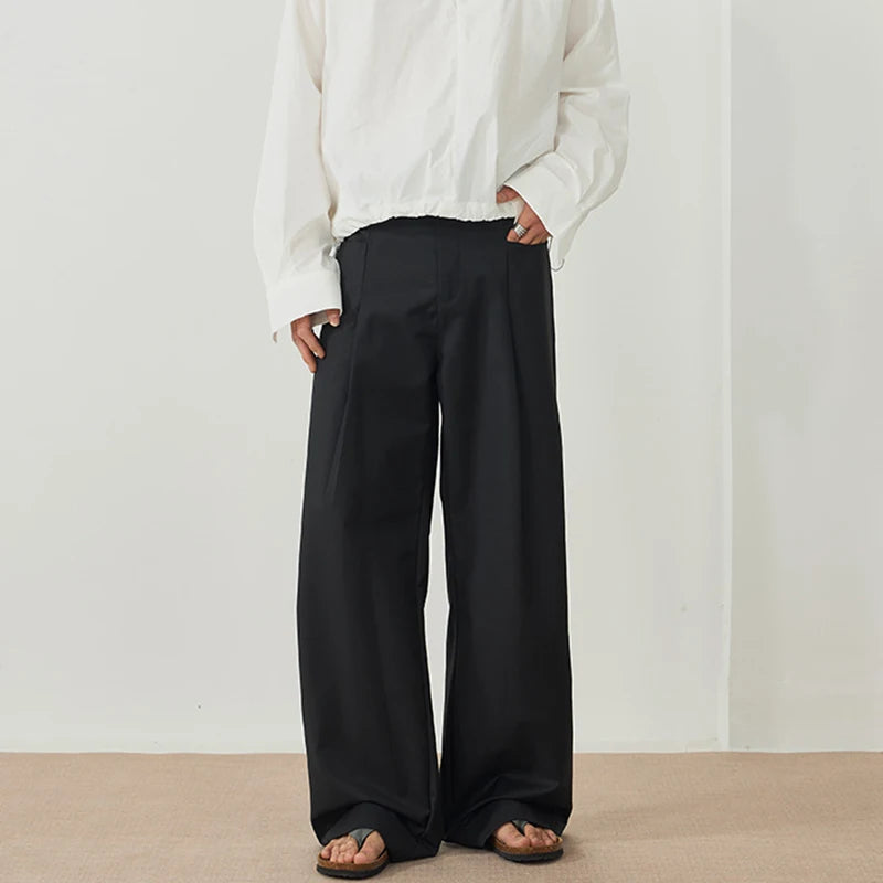 Men's Threedimensional Pleated Suit Pants Straight Trendy Niche Design Fold Solid Color Simple Male Casual Clothing 9W1899