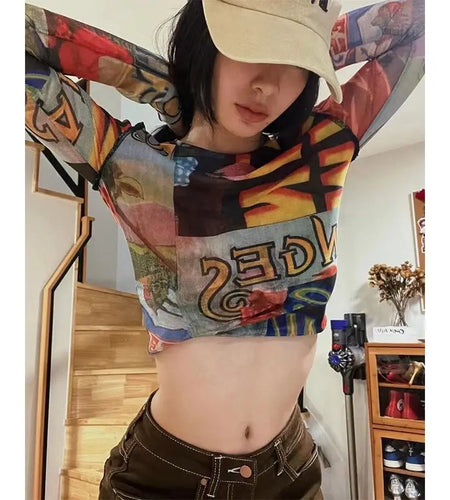 Ropa Mujer Fashion Woman Tshirts Print O-neck Long Sleeve Tunic Tees Crop Tops Sexy Chic Summer T Shirt Temperament Y2k Top