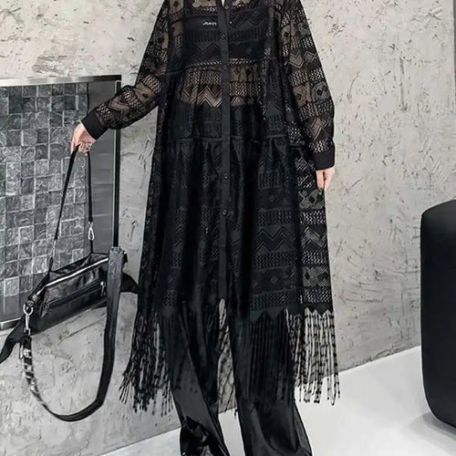 Load image into Gallery viewer, Women Black Lace Jacquard Perspective Big Size Shirt Dress New Lapel Long Sleeve Fashion Tide Spring Autumn 2025 1DH894201
