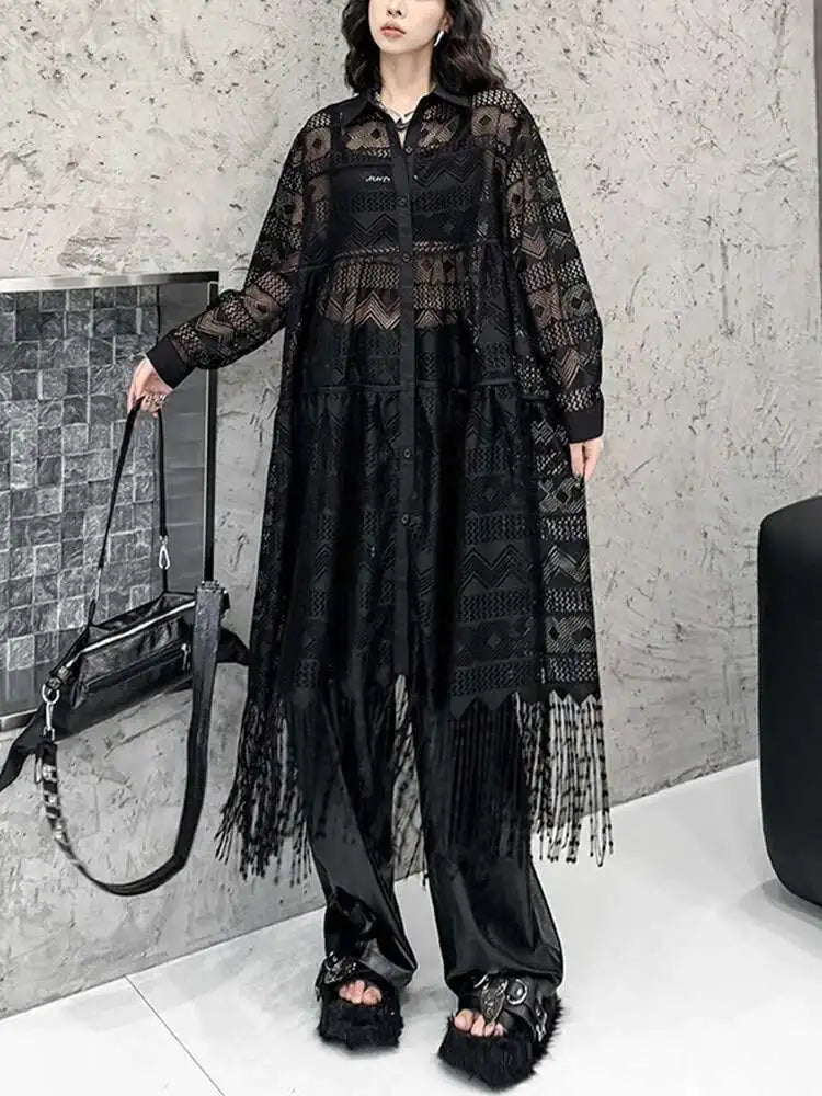 Women Black Lace Jacquard Perspective Big Size Shirt Dress New Lapel Long Sleeve Fashion Tide Spring Autumn 2025 1DH894201