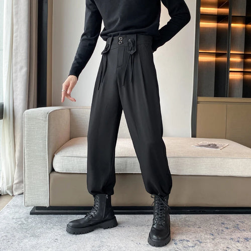 Load image into Gallery viewer, Autumn Mne&#39;s Casual Pants Solid Color Lace-up Design Casual Suit Trousers Fashion Men Balck Bottoms Simple 9C2397
