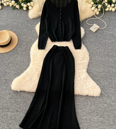 French Vintage Two Piece Sets Women Solid Round Neck Long Sleeve Single Breasted Short Knit Tops And High Waist Fishtail Skirts