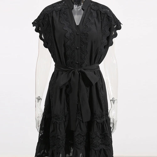 Load image into Gallery viewer, Hollow Out Spliced Single Breasted Dresses for Women V Neck Sleeveless Patchwork Lace Up Dress Female Clothing New
