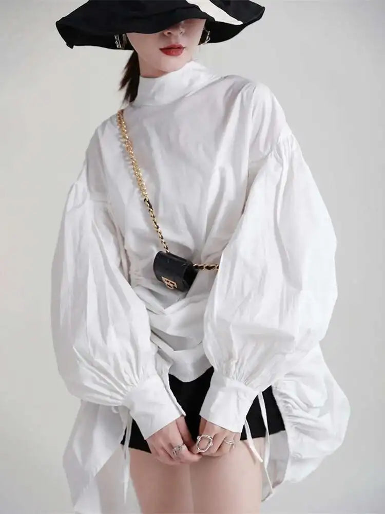 Women Balck Irregular Drawstring Big Size Dress New Stand Collar Long Sleeve Loose Fit Fashion Spring Autumn 2025 1Z18901