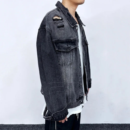 Load image into Gallery viewer, American Denim Jackets Holes Multi Pocket Lapel Solid Color Coats Button 2024 Single Breasted Tops Winter Loose Tide 9C8811
